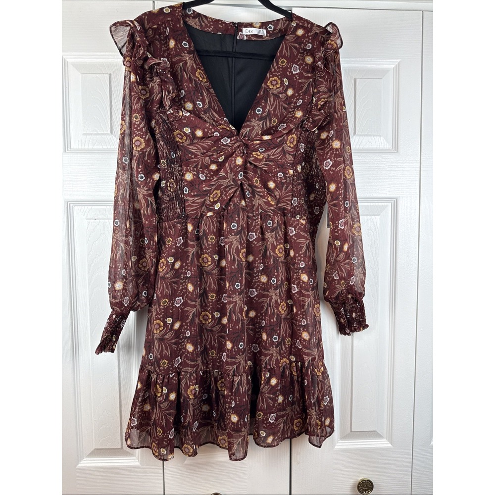 Dex BlackFloral V-Neck Long Sleeve Tiered Ruffle Chiffon Dress Women's  XL NWT